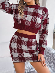 Plaid long sleeve short sweater skirt suit