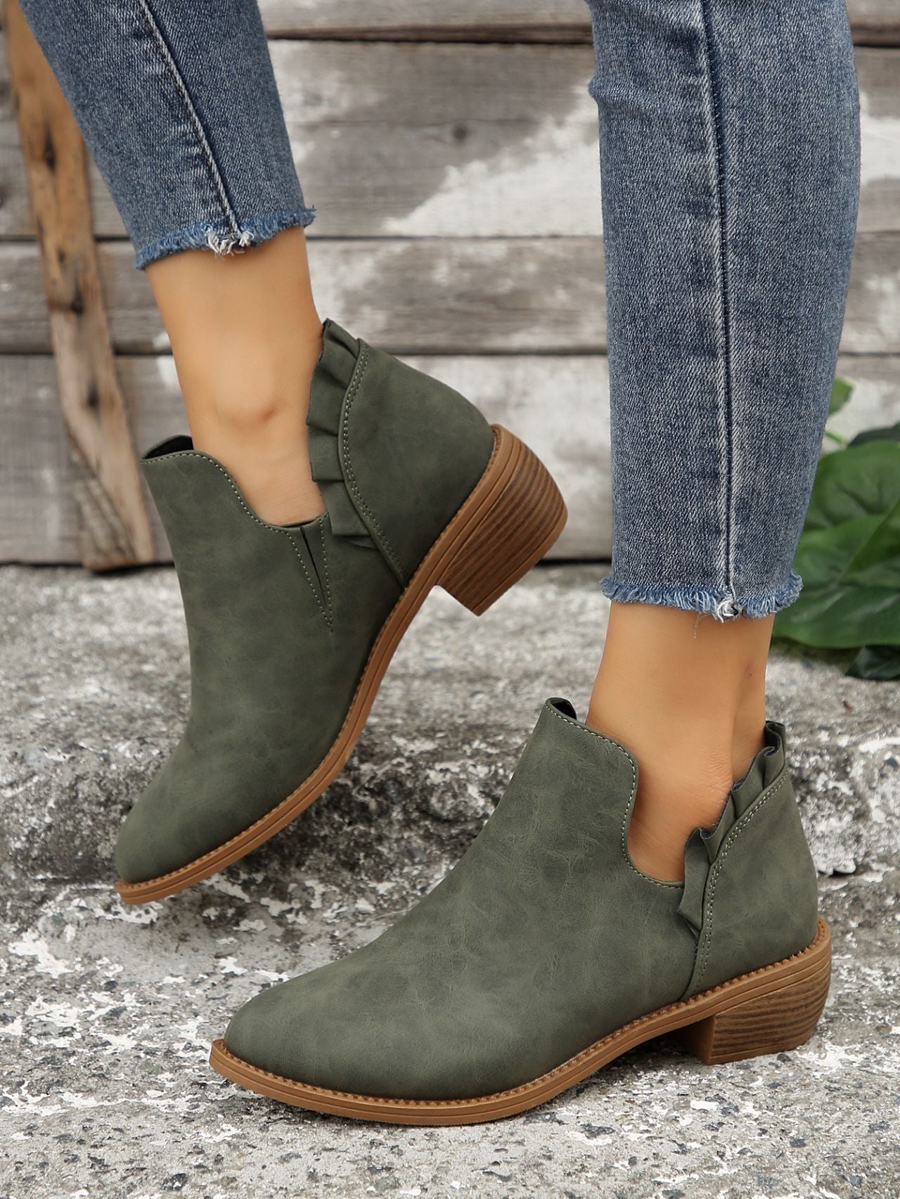 Ruffled Detail V-cut Chunky Low Heeled Slip On Ankle Botties