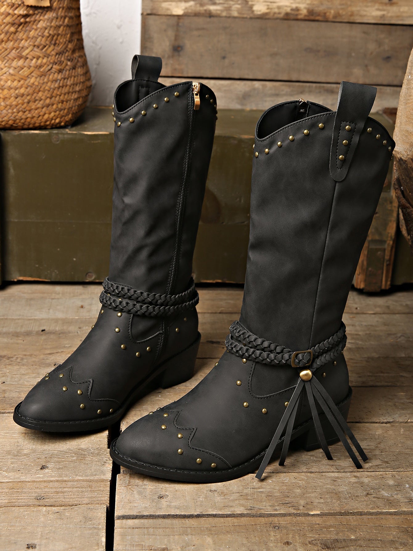 Rivet belt buckle tassel mid-calf Martin boots