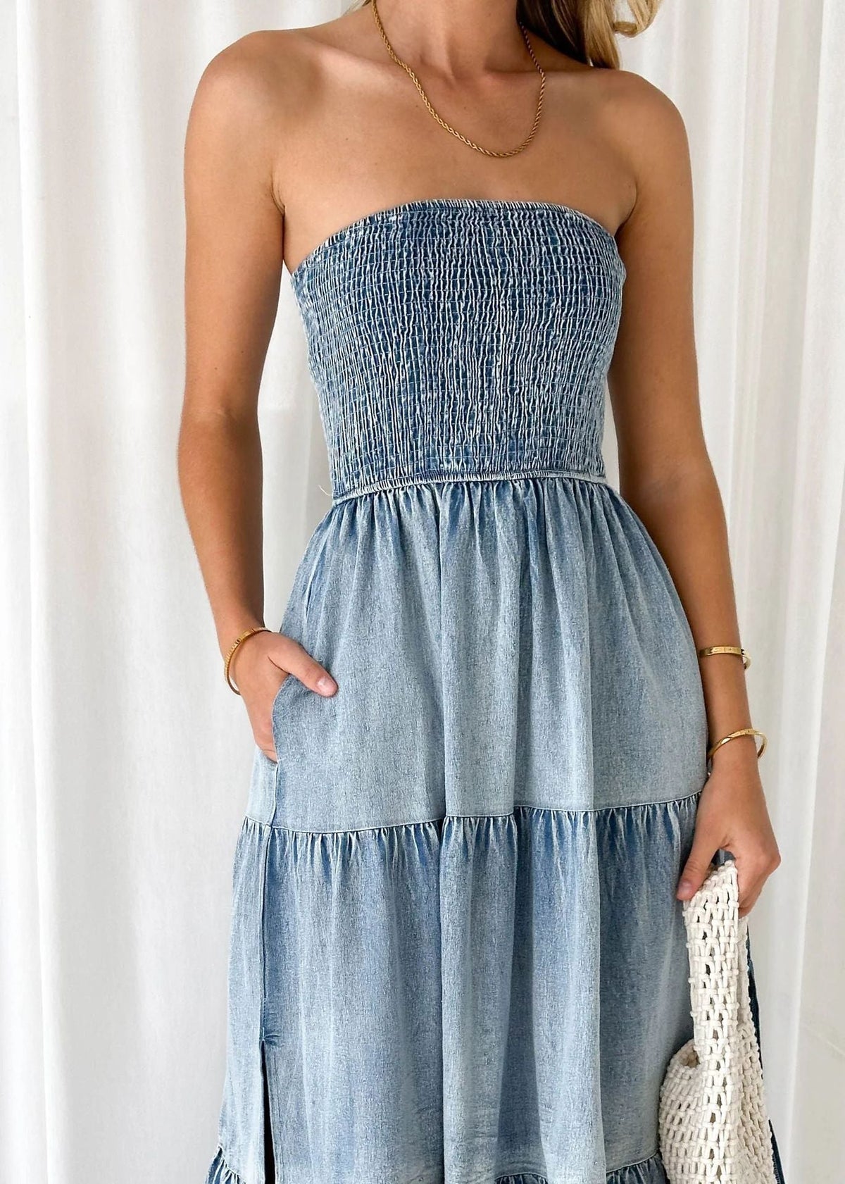 Sleeveless Strapless Side Slit Layered Denim Dress with