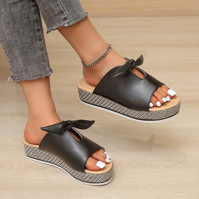 Colorblock Bows Lightweight Platform Slippers