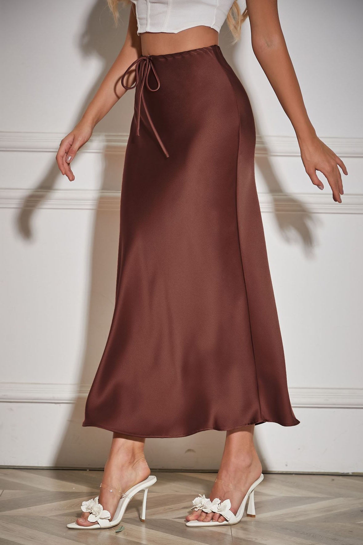 Satin High-Waisted Drawstring Belt Solid Color Midi Skirt