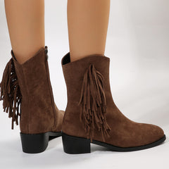 Fringed suede pointy toe chunky heel short boots