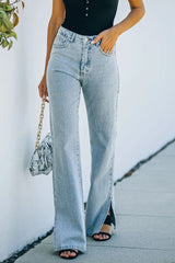 Mid Waist Hem Slit Wide Leg Jeans