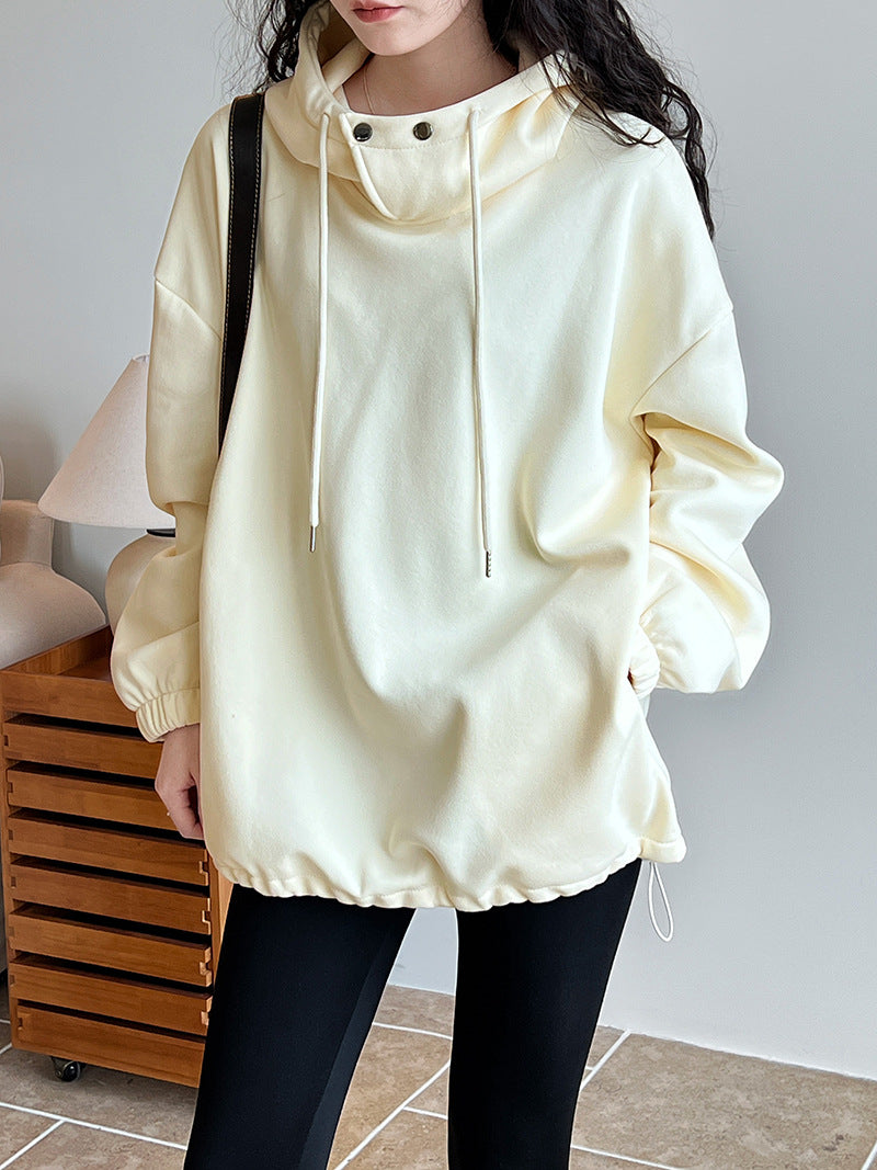 Half High Collar with Button Details Thick Loose Hoodie