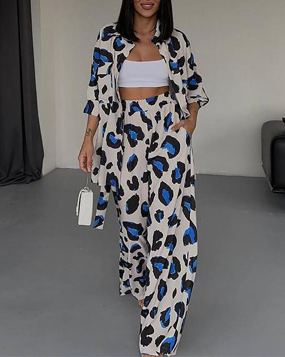 Leopard Print Long Sleeve Shirt Wide Leg Pants Two-Piece Set