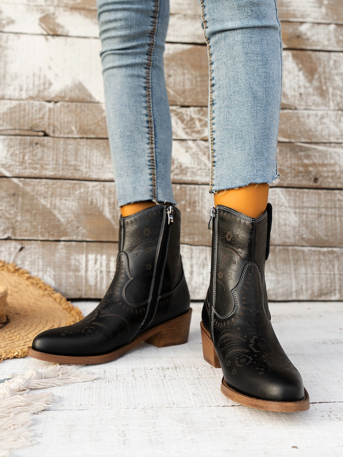 Vintage Western Embroidered Mid-Cut Rider Boots