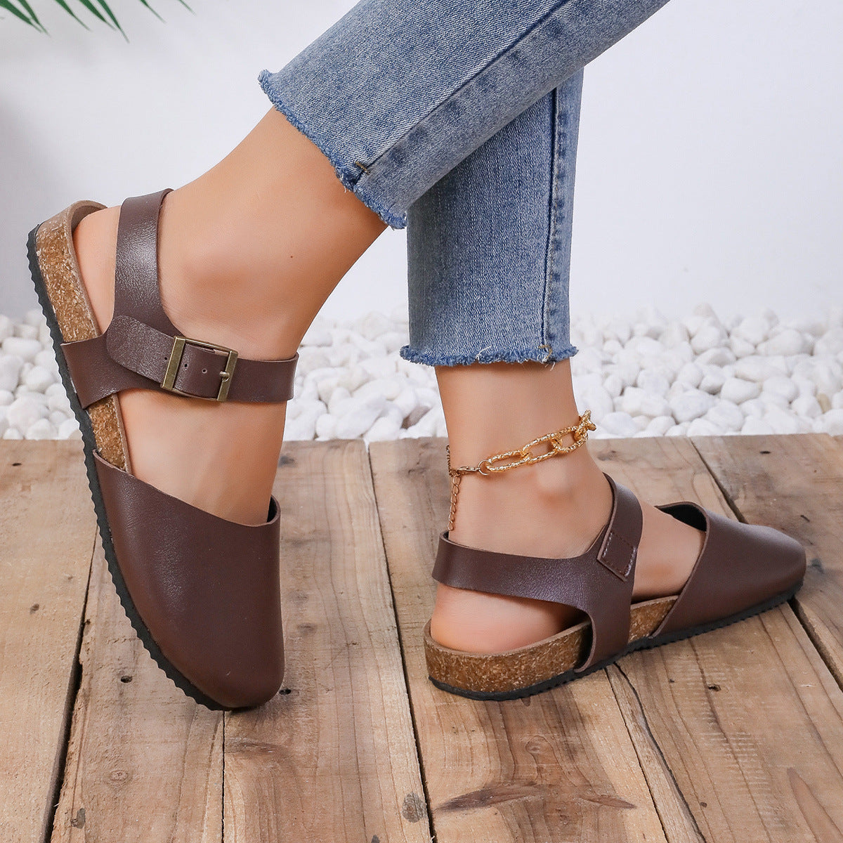 Buckle Closure Cork Flat Sandals