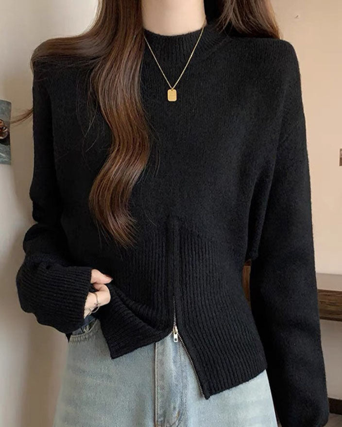 Round Neck Waist Cinching Zipper Sweater