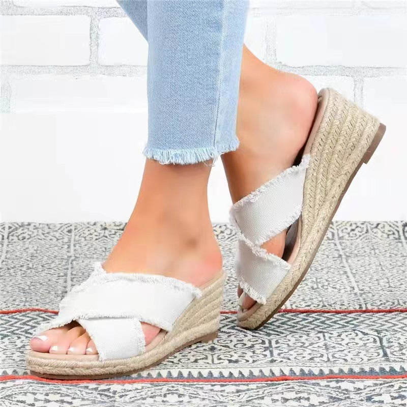 Denim and Linen Lightweight Wedge Slippers