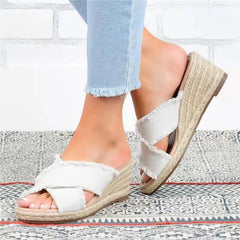 Denim and Linen Lightweight Wedge Slippers