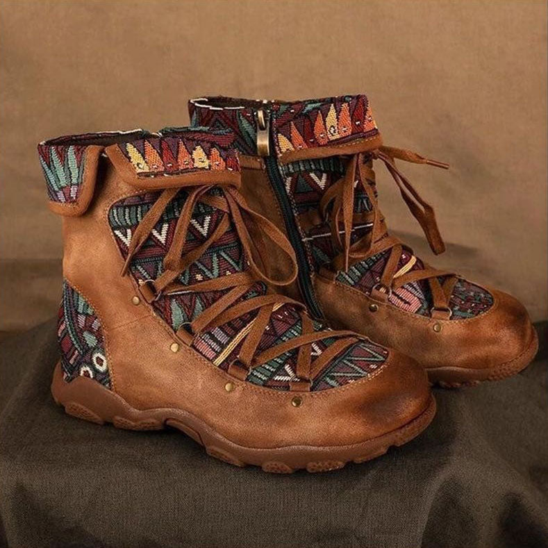 Ethnic patchwork retro side zip booties