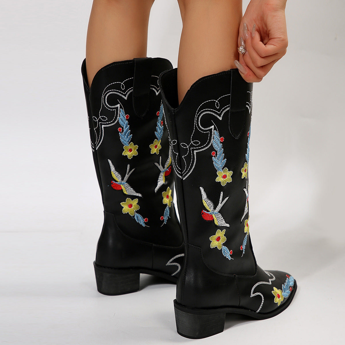 Hummingbird embroidered block heel mid-calf boots