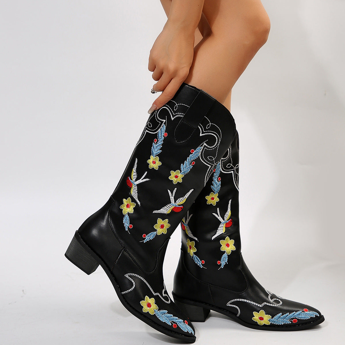 Hummingbird embroidered block heel mid-calf boots