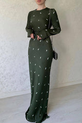 Embroidered Belt Slim-fit Ruffle Hem A-line Long Dress