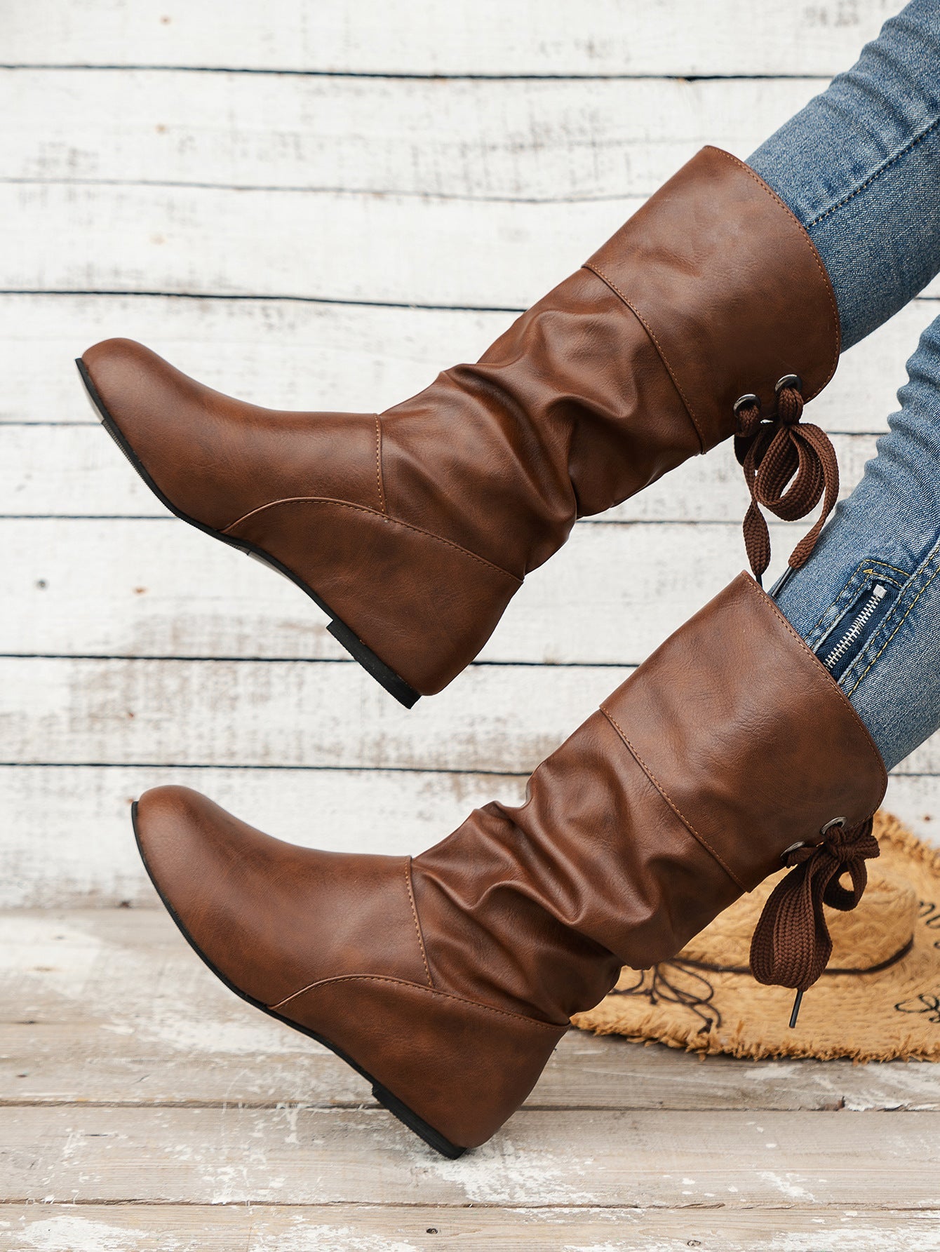 Round toe back bow mid-calf boots