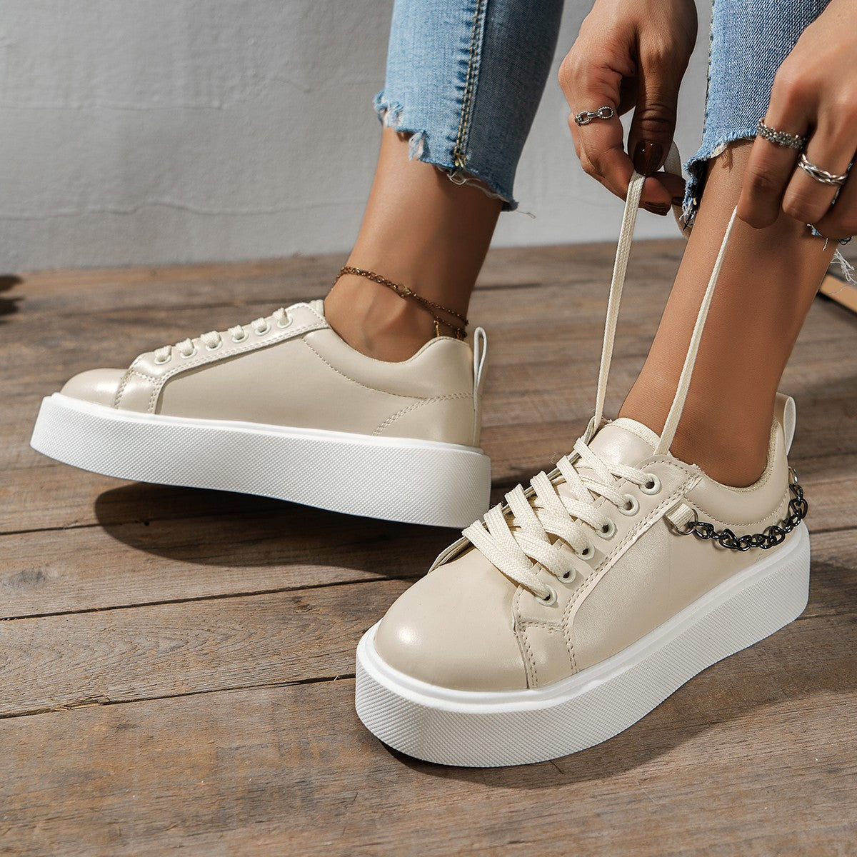 Platform Lace Up Metal Chain Sneakers