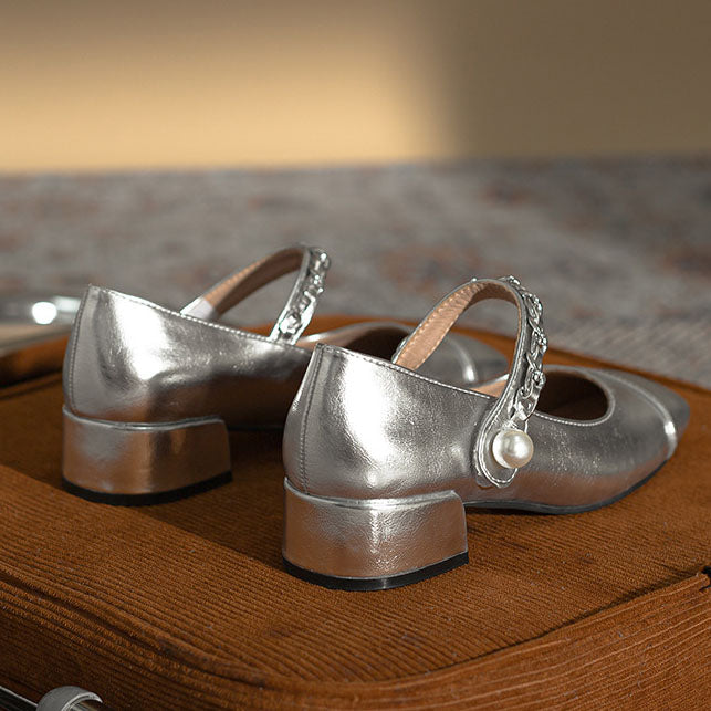 Silver thick heel round toe Mary Jane shoes