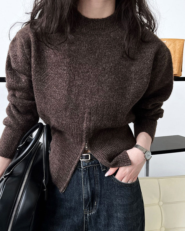 Round Neck Waist Cinching Zipper Sweater