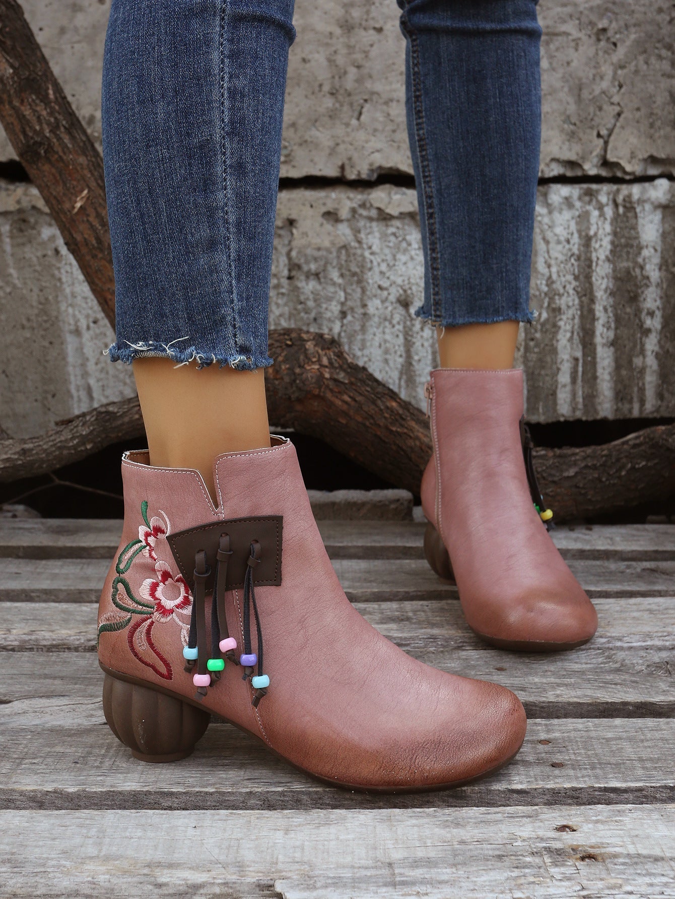 Chunky Heel Side Zip Embroidered Fringe Martin Boots