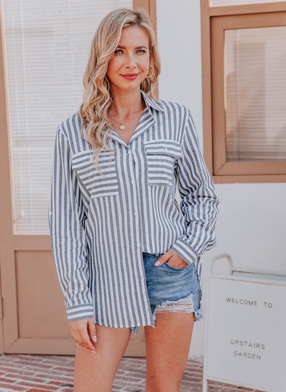 Cotton and Linen Washed Striped Single-breasted Shirt