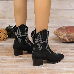 Embroidered mid-calf pointed toe knight boots