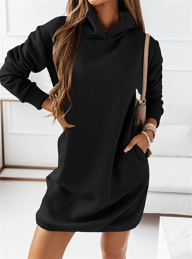 Mid-length pockets hooded sweatshirt dress