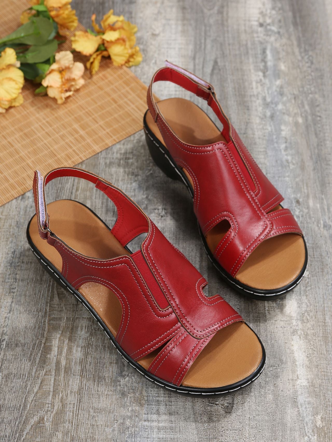 Velcro-stitched cutout chunky heel open toe sandals