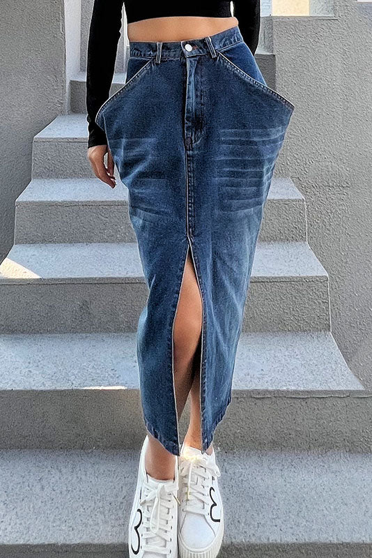 Irregular Large Pocket Small Slit Denim Skirt