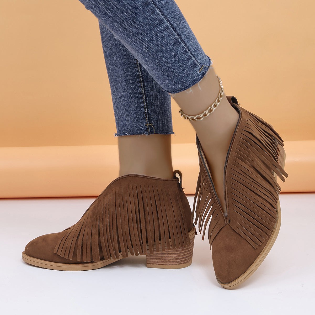 Fringed suede pointy toe retro leather boots