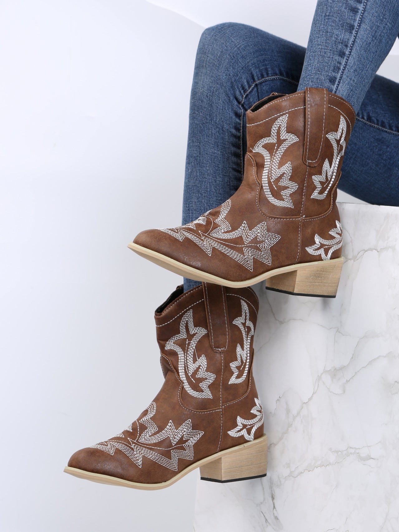 Embroidered Floral Chunky Heel Martin Boots