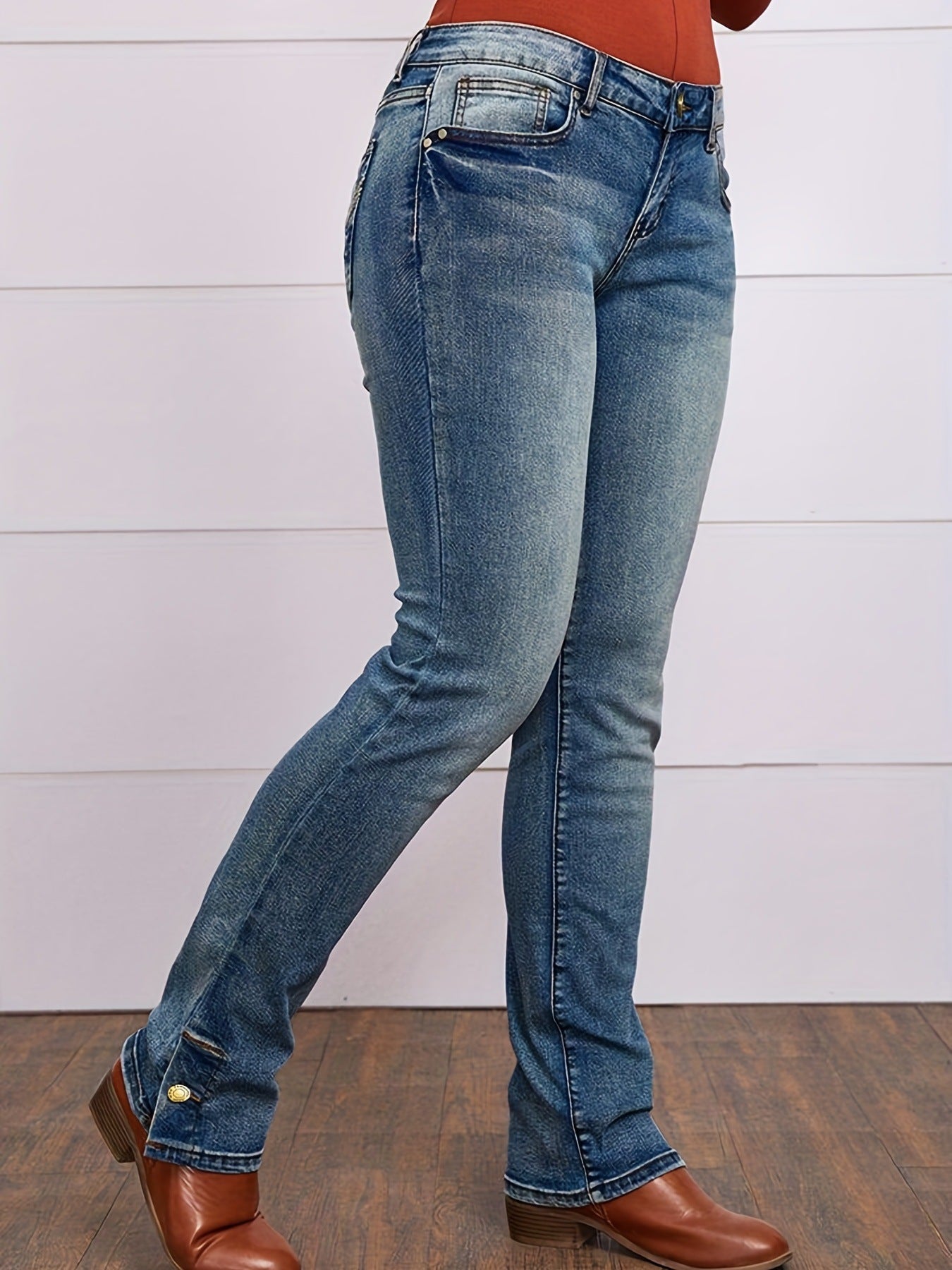 Button Side Split Embroidery Patch Pocket Bootcut Jeans