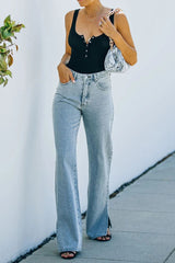 Mid Waist Hem Slit Wide Leg Jeans