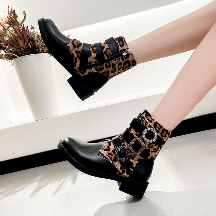 Leopard Belt Buckle Low Heel Round Toe Booties