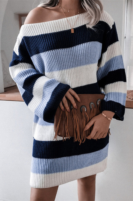 Slash Neck Striped Knitted Dress