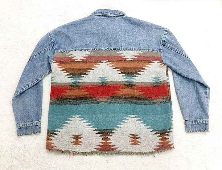 Retro Aztec Lapel Pocket Denim Patchwork Jacket