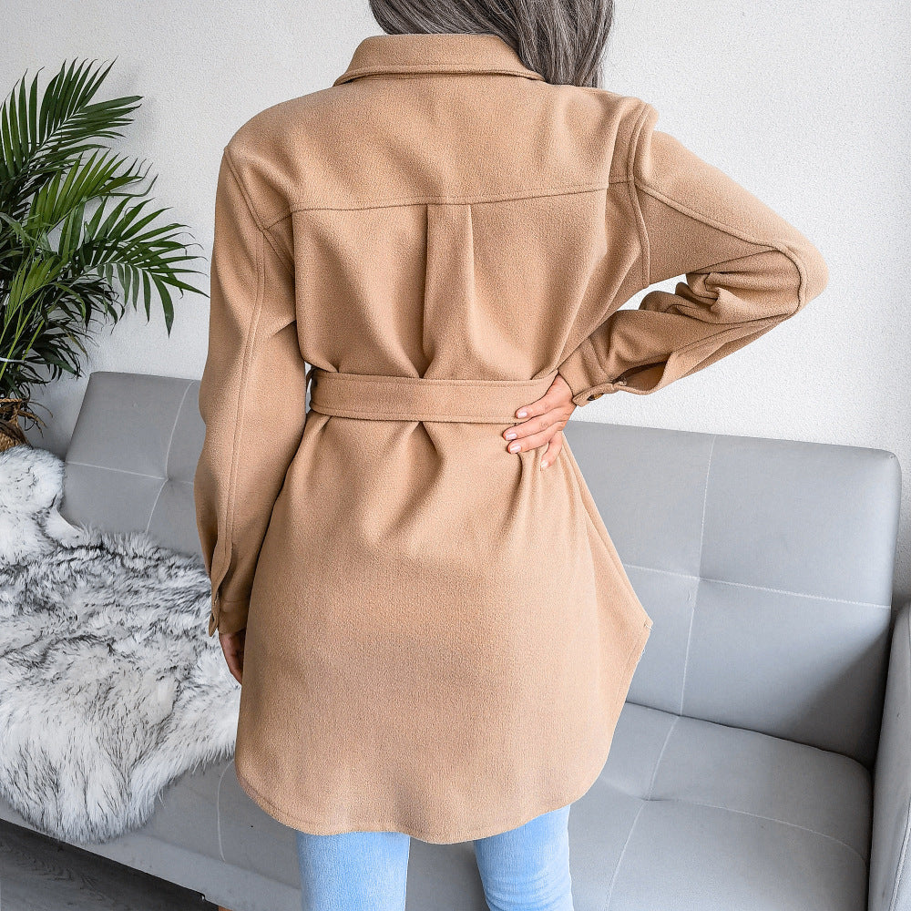 Turn Down Collar Lace Up Wool Coat