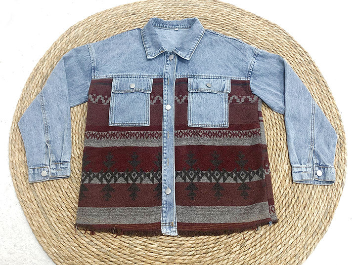 Retro Aztec Lapel Pocket Denim Patchwork Jacket