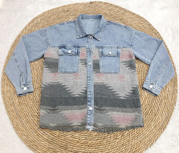 Retro Aztec Lapel Pocket Denim Patchwork Jacket