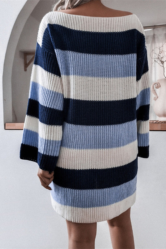 Slash Neck Striped Knitted Dress