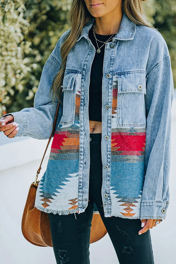 Retro Aztec Lapel Pocket Denim Patchwork Jacket