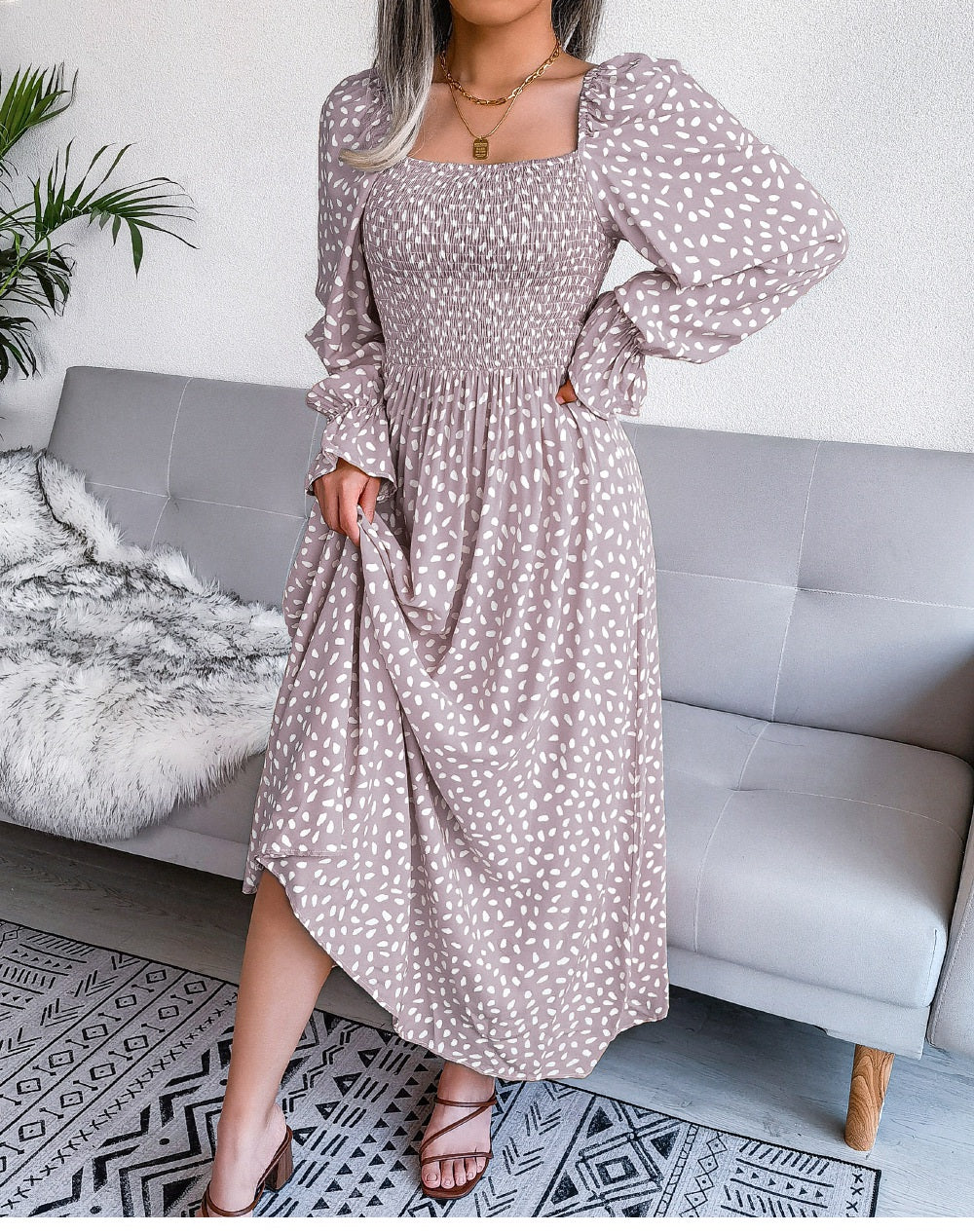 Elegant Square Neck A Line Pleated Dress