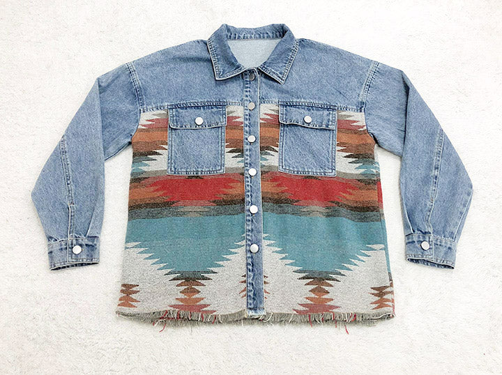 Retro Aztec Lapel Pocket Denim Patchwork Jacket