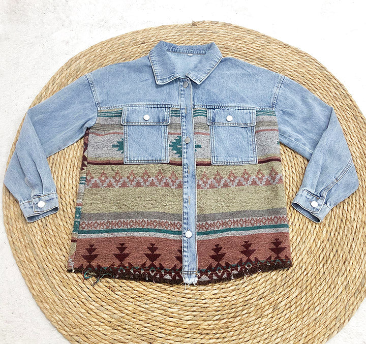 Retro Aztec Lapel Pocket Denim Patchwork Jacket