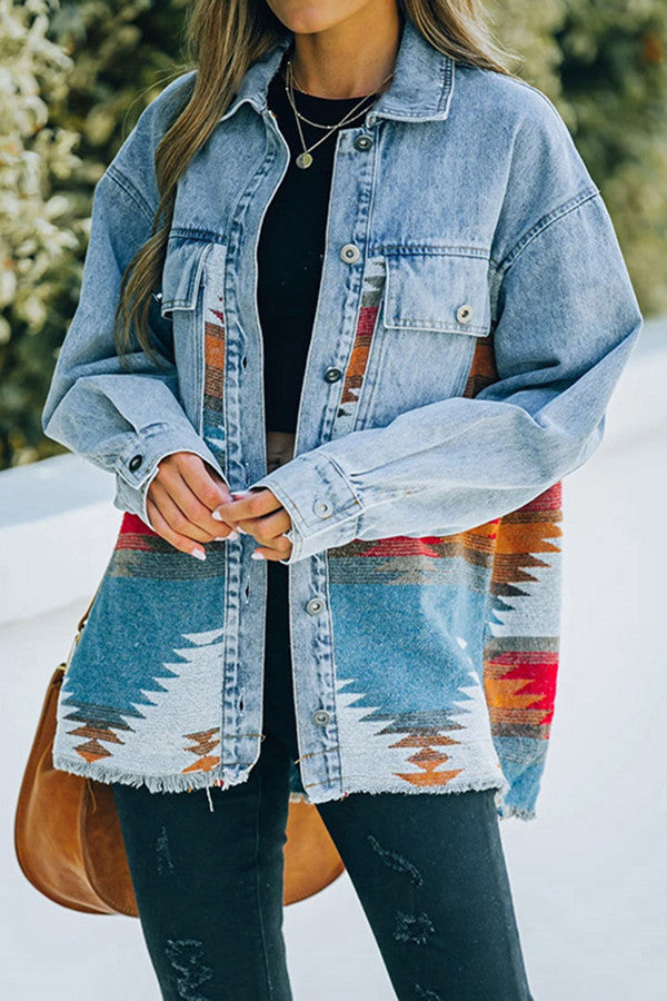 Retro Aztec Lapel Pocket Denim Patchwork Jacket