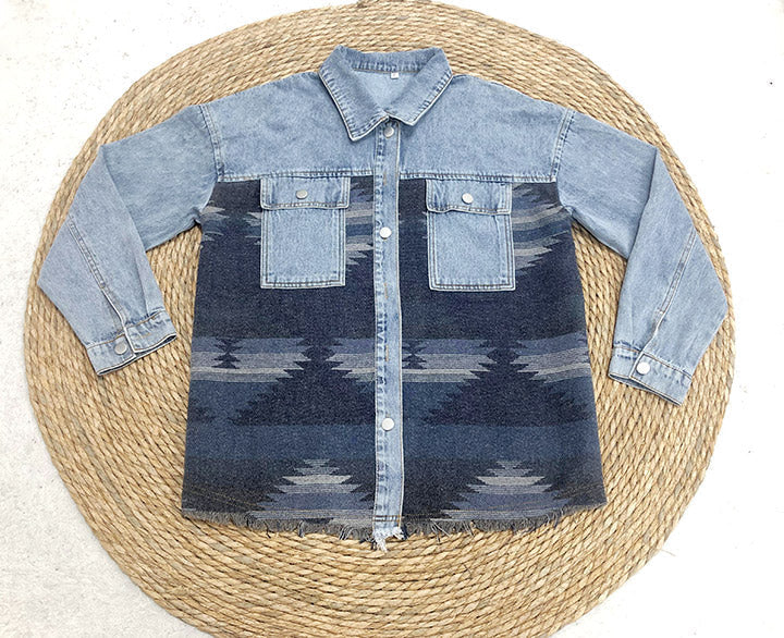 Retro Aztec Lapel Pocket Denim Patchwork Jacket