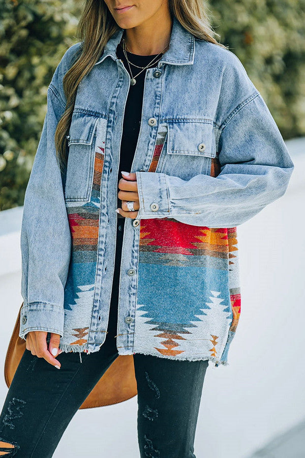 Retro Aztec Lapel Pocket Denim Patchwork Jacket