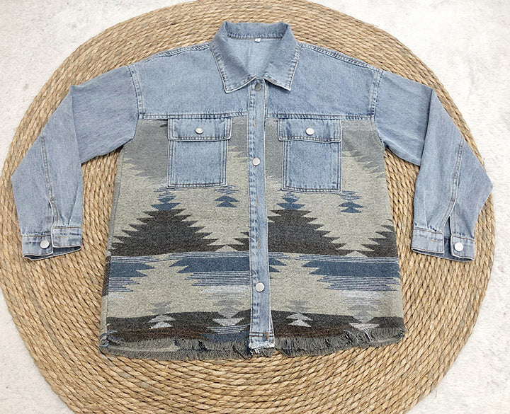 Retro Aztec Lapel Pocket Denim Patchwork Jacket