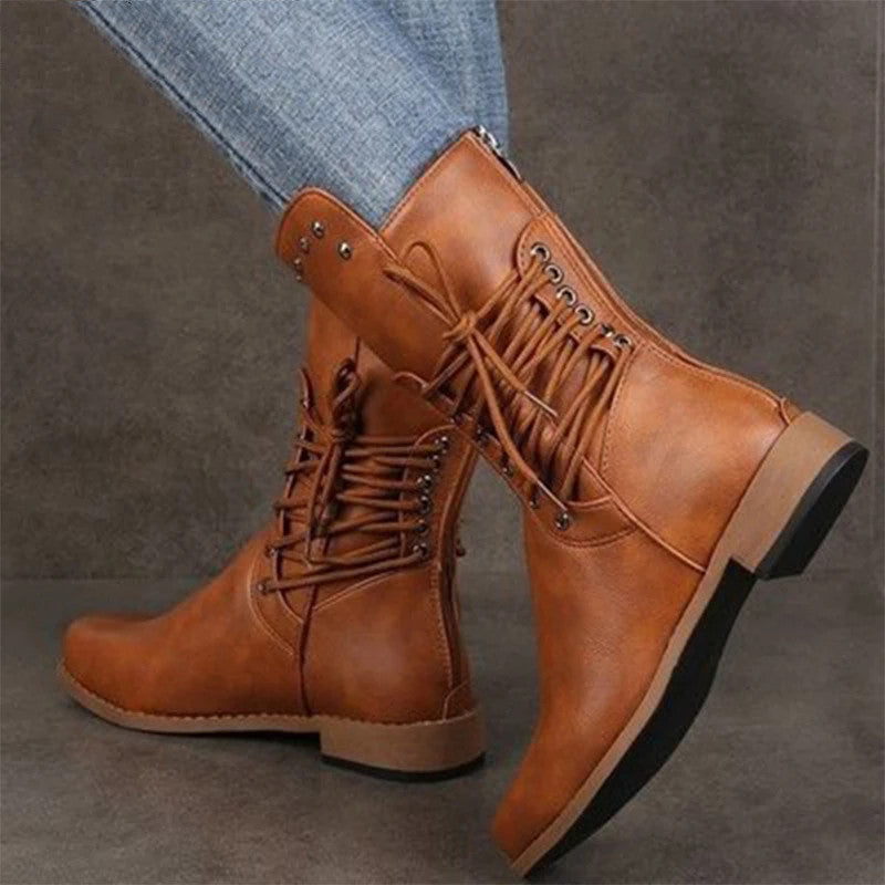 Lace Up Rivet Low Heels Boots