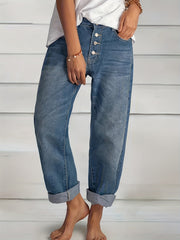 Rolled Hem Single-breasted Closure Denim Pants